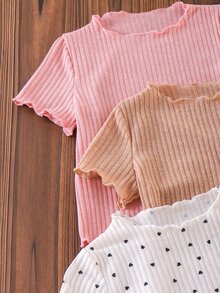 Elladie kids 4件組少女卡其色羅紋愛心印花、粉色純色針織、粉色與白色羅紋印花及愛心波點印花搭配純色針織波浪邊T恤，適合日常穿搭的百搭套頭上衣 - 彩色 - 查看 9