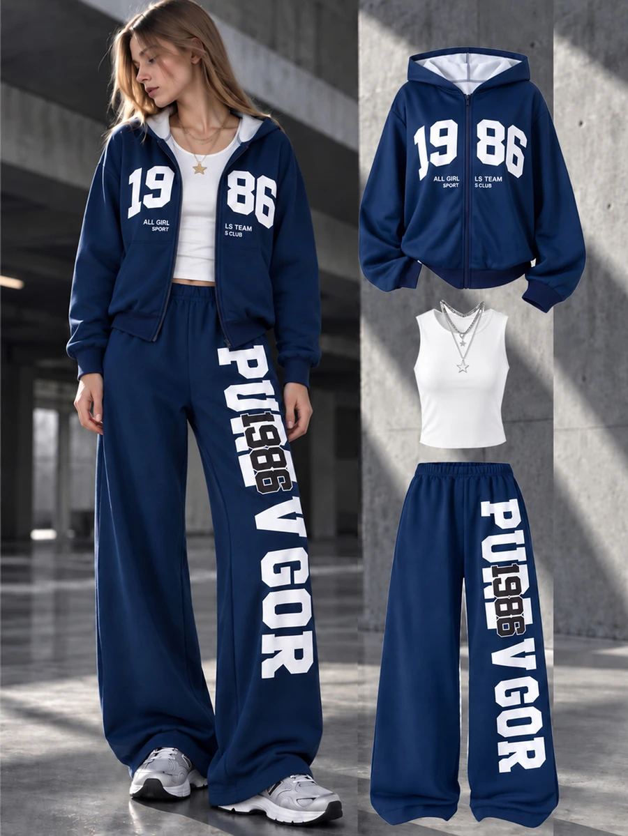 SHEIN 青少年女孩 T-shirt 套裝，海軍藍，短袖上衣 + 長褲 2 件套，寬鬆版型，日常穿著、六年級派對、休閒街頭風、白色