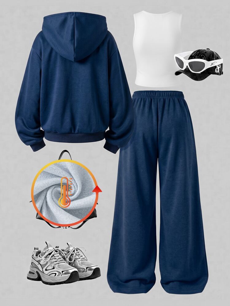 SHEIN Sparklyn Set Kaos Remaja Perempuan, Biru Tua, Atasan Lengan Pendek + Celana Panjang 2 Potong, Potongan Longgar, Pakaian Sehari-hari untuk Pesta Sekolah Menengah Atas, Pakaian Kasual Longgar, Putih - MultiWarna - View 2