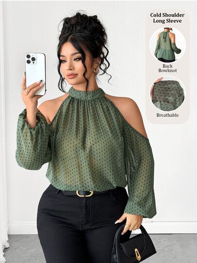 SHEIN LUNE CURVE Women's Plus Size Stand Collar Cold Shoulder Long Sleeve Back Bowknot Chiffon Printed Blouse, Elegant Versatile Shirt For Outing, Commuting, Work, Casual, Vacation