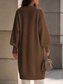 Balvessa Women's Deep V-Neck Dropped Shoulder Lantern Sleeve Ribbed Cuff Loose Cardigan - Coffee Brown - View 2