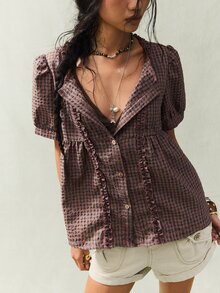 SoleilVie 女款棕色格紋荷葉領花瓣袖休閒復古波希米亞風襯衫，鄉村風鈕扣開襟夏季野餐大地色上衣，度假穿搭 - 紅色 - 查看 7