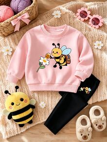 Baby Girls 1 Set Fall Outfits Cute Bee & Daisy Print Crew Neck Sweatshirt & Leggings Set, Fall Clothes Winter - Multicolor - View 5