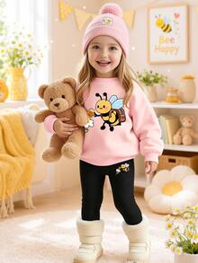 Baby Girls 1 Set Fall Outfits Cute Bee & Daisy Print Crew Neck Sweatshirt & Leggings Set, Fall Clothes Winter - Multicolor - View 1
