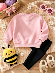 Baby Girls 1 Set Fall Outfits Cute Bee & Daisy Print Crew Neck Sweatshirt & Leggings Set, Fall Clothes Winter - Multicolor - View 2