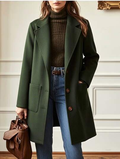 Solivie Autumn/Winter Minimalist Workwear Notch Lapel Long Sleeve Women's Wool Blend Olive Green Jacket For Daily Wear Work Outfits For Women
