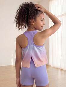 SHEIN Young Girls' Purple Gradient Sleeveless Top & Shorts Set,Fitted High-Stretch Sporty Back Design, Autumn Winter Gym Fitness,Cycling & Jogging, Fall - Multicolor - View 7
