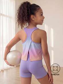 SHEIN Young Girls' Purple Gradient Sleeveless Top & Shorts Set,Fitted High-Stretch Sporty Back Design, Autumn Winter Gym Fitness,Cycling & Jogging, Fall - Multicolor - View 2