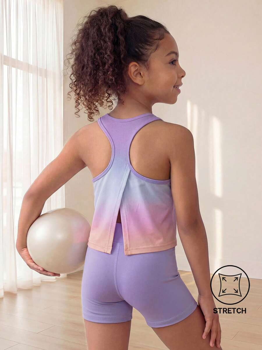 SHEIN Young Girls' Purple Gradient Sleeveless Top & Shorts Set,Fitted High-Stretch Sporty Back Design, Autumn Winter Gym Fitness,Cycling & Jogging, Fall