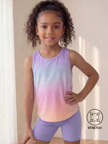 SHEIN Young Girls' Purple Gradient Sleeveless Top & Shorts Set,Fitted High-Stretch Sporty Back Design, Autumn Winter Gym Fitness,Cycling & Jogging, Fall - Multicolor - View 3