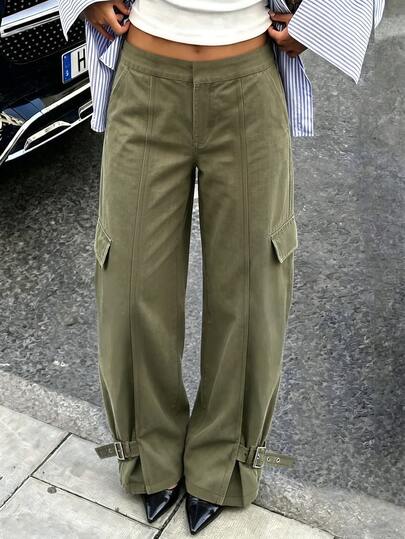 Avenya Autumn/Winter Retro Low Waist Multi-Pocket Cargo Straight Leg Pants For Women, Loose Slimming Wide Leg Casual Pants With Drawstring Cuffs