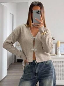 Aloruh Women's Elegant Sexy New Chinese Style Frog Button Cardigan,Winter Women Sweaters,Fuzzy Knit Sweater,Fall Clothes For Women Long Sleeve - Khaki - View 2