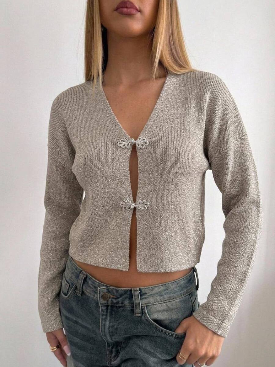 Aloruh Women's Elegant Sexy New Chinese Style Frog Button Cardigan,Winter Women Sweaters,Fuzzy Knit Sweater,Fall Clothes For Women Long Sleeve - Khaki - View 1