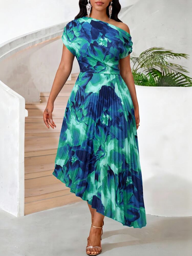 SHEIN Lady Women's Floral Print Asymmetric Neck Pleated Asymmetrical Hem Elegant Tropical Dress Party Garden Party Vacation Cocktail Dinner Green Summer - Green - View 3