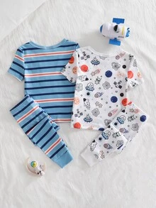 4pcs Baby Boy Comfortable Soft High Elastic Ribbed Fabric Planet Stripe All-Over Print Short Sleeve Crew Neck Long Pants Tight Pajama Set - Multicolor - View 2