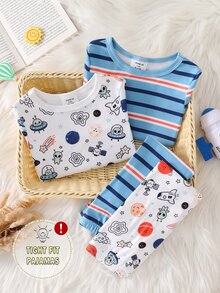 4pcs Baby Boy Comfortable Soft High Elastic Ribbed Fabric Planet Stripe All-Over Print Short Sleeve Crew Neck Long Pants Tight Pajama Set - Multicolor - View 4