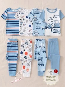 4pcs Baby Boy Comfortable Soft High Elastic Ribbed Fabric Planet Stripe All-Over Print Short Sleeve Crew Neck Long Pants Tight Pajama Set - Multicolor - View 7