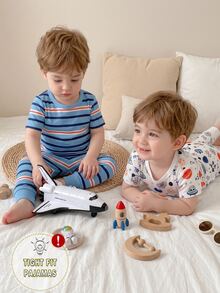 4pcs Baby Boy Comfortable Soft High Elastic Ribbed Fabric Planet Stripe All-Over Print Short Sleeve Crew Neck Long Pants Tight Pajama Set - Multicolor - View 8