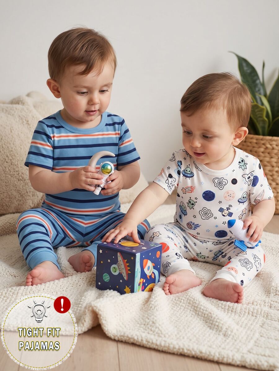 4pcs Baby Boy Comfortable Soft High Elastic Ribbed Fabric Planet Stripe All-Over Print Short Sleeve Crew Neck Long Pants Tight Pajama Set - Multicolor - View 1