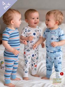 4pcs Baby Boy Comfortable Soft High Elastic Ribbed Fabric Planet Stripe All-Over Print Short Sleeve Crew Neck Long Pants Tight Pajama Set - Multicolor - View 3