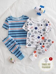 4pcs Baby Boy Comfortable Soft High Elastic Ribbed Fabric Planet Stripe All-Over Print Short Sleeve Crew Neck Long Pants Tight Pajama Set - Multicolor - View 6