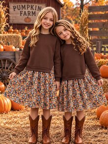 SHEIN 1pc Girls Brown Sweatshirt Patchwork Print 2 In 1 Dress, Casual Daily Dress For Autumn - Brown - View 1