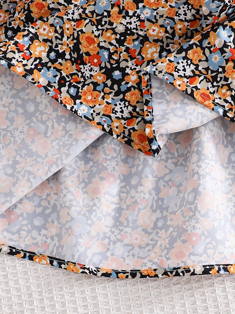 SHEIN Vintaside Kids 1件女童棕色拼接印花2合1衛衣連身裙，休閒日常秋季洋裝 - 棕色 - 查看 9