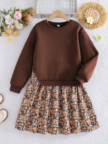 SHEIN 1pc Girls Brown Sweatshirt Patchwork Print 2 In 1 Dress, Casual Daily Dress For Autumn - Brown - View 4