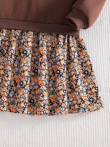 SHEIN 1pc Girls Brown Sweatshirt Patchwork Print 2 In 1 Dress, Casual Daily Dress For Autumn - Brown - View 7