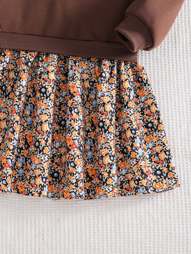 SHEIN Vintaside Kids 1件女童棕色拼接印花2合1衛衣連身裙，休閒日常秋季洋裝 - 棕色 - 查看 7