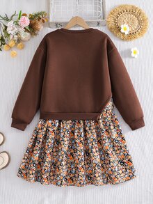 SHEIN 1pc Girls Brown Sweatshirt Patchwork Print 2 In 1 Dress, Casual Daily Dress For Autumn - Brown - View 8
