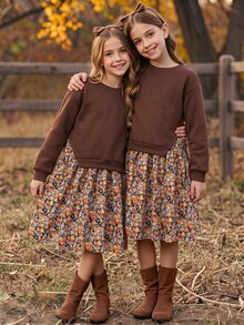 SHEIN 1pc Girls Brown Sweatshirt Patchwork Print 2 In 1 Dress, Casual Daily Dress For Autumn - Brown - View 2