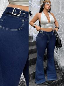 Jeanoix Y2K Plus Size Women Asymmetrical Waist Flare Jeans - Dark Wash - View 8