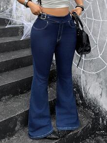 Jeanoix Y2K Plus Size Women Asymmetrical Waist Flare Jeans - Dark Wash - View 1