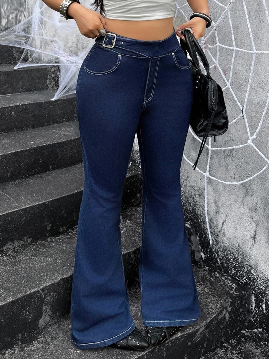 Jeanoix Y2K Plus Size Women Asymmetrical Waist Flare Jeans - Dark Wash - View 1