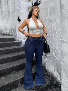 Jeanoix Y2K Plus Size Women Asymmetrical Waist Flare Jeans - Dark Wash - View 6