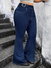 Jeanoix Y2K Plus Size Women Asymmetrical Waist Flare Jeans - Dark Wash - View 3