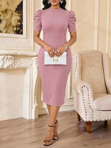 SHEIN Lady 女款優雅成熟風鈕扣泡泡袖修身洋裝，適合晚宴、辦公室、茶會、派對，粉色/灰粉色，夏季教師節穿搭 - 藕粉色 - 查看 5