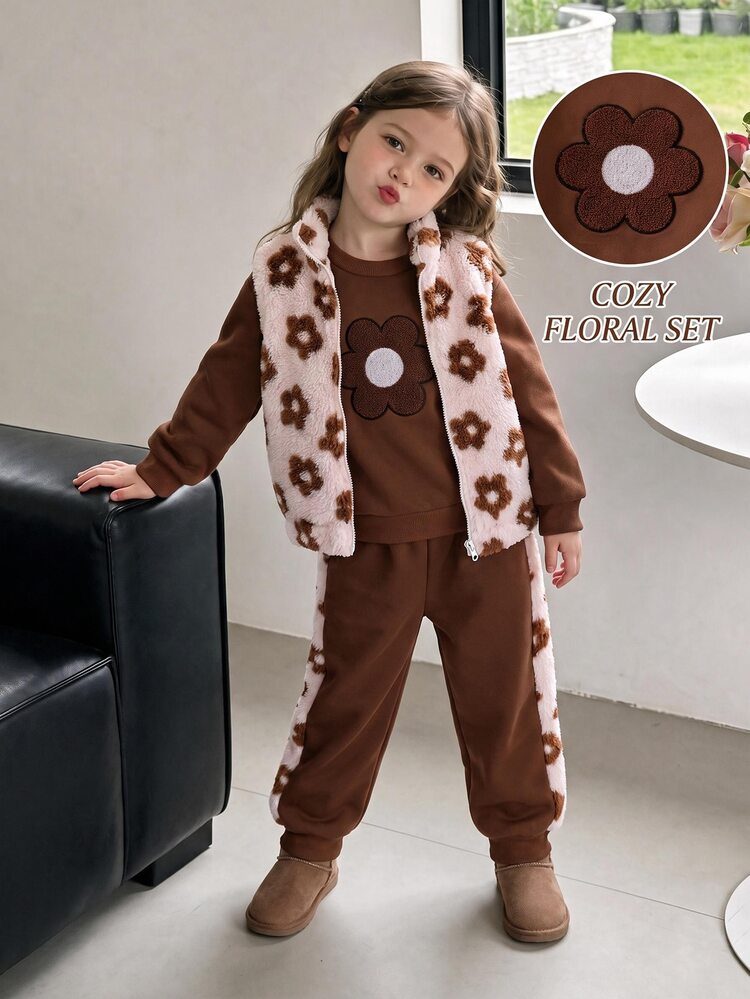 Young Girls Floral Hoodie & Sweatshirt Co-Ords, Leggings, Fall,3pcs,Floral Plush Zipper Vest + Floral Applique Long Sleeve Sweatshirt +Leggings - Brown - View 1