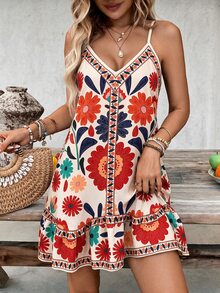 SHEIN Swim 女款夏季海灘可調式肩帶波希米亞風格拼接印花不對稱荷葉邊度假罩衫洋裝 - 彩色 - 查看 3