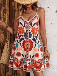 SHEIN Swim 女款夏季海灘可調式肩帶波希米亞風格拼接印花不對稱荷葉邊度假罩衫洋裝 - 彩色 - 查看 6