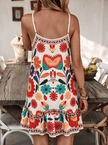 SHEIN Swim 女款夏季海灘可調式肩帶波希米亞風格拼接印花不對稱荷葉邊度假罩衫洋裝 - 彩色 - 查看 2