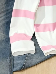 SHEIN Sparklyn Tween女孩 DT-TX2504--S V領對比色長袖T恤 180g牛奶絲休閒穿搭舒適日常秋季校園粉色與白色條紋 - 彩色 - 查看 5