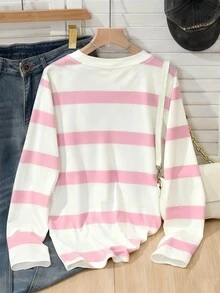 SHEIN Sparklyn Tween女孩 DT-TX2504--S V領對比色長袖T恤 180g牛奶絲休閒穿搭舒適日常秋季校園粉色與白色條紋 - 彩色 - 查看 3