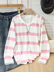 SHEIN Sparklyn Tween女孩 DT-TX2504--S V領對比色長袖T恤 180g牛奶絲休閒穿搭舒適日常秋季校園粉色與白色條紋 - 彩色 - 查看 2