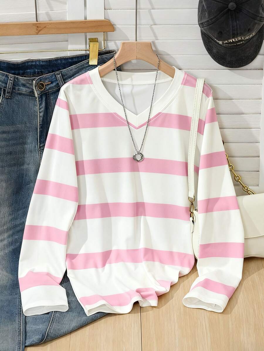 SHEIN Sparklyn Tween女孩 DT-TX2504--S V領對比色長袖T恤 180g牛奶絲休閒穿搭舒適日常秋季校園粉色與白色條紋