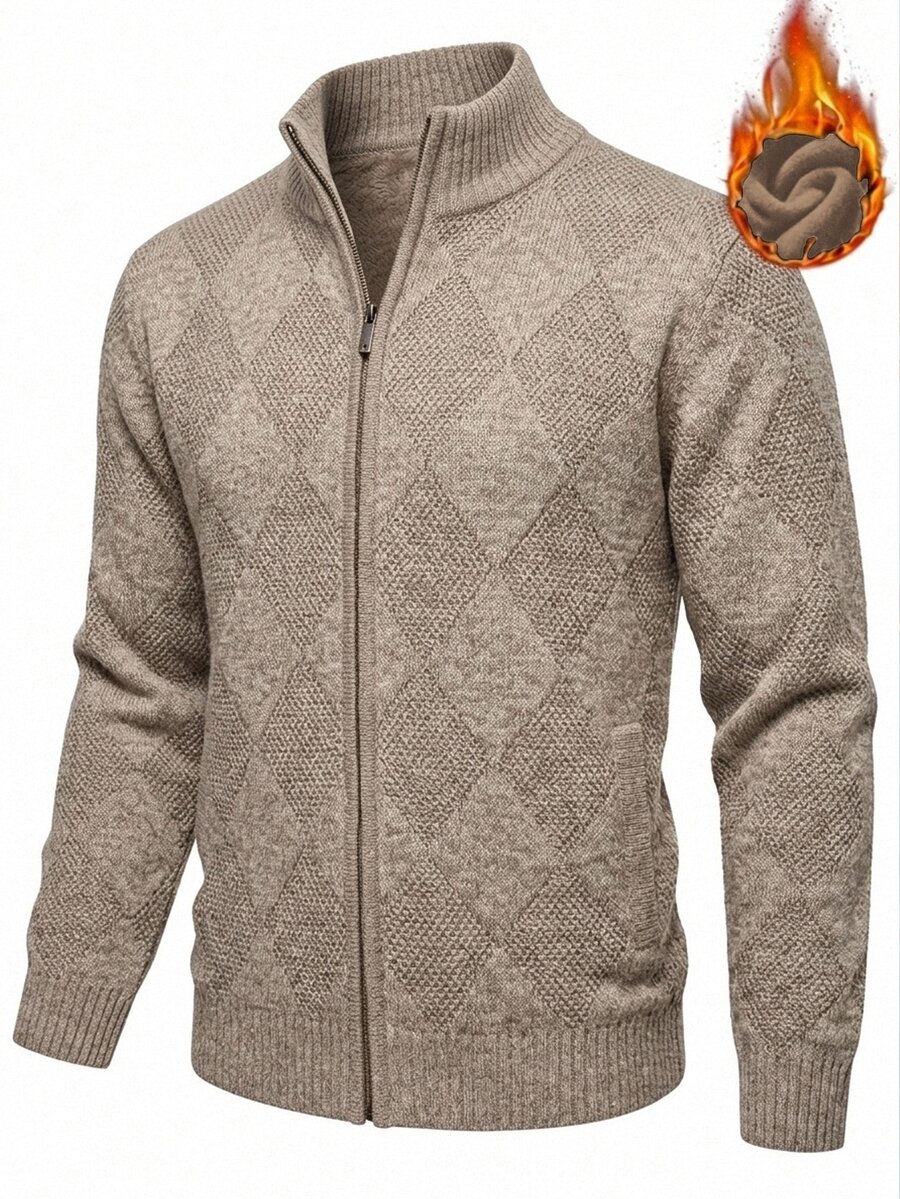 Manfinity Homme Men's Patchwork Quilted Cardigan Old Money Formal Keep Warm - Beige - View 1
