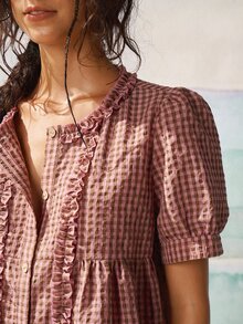 SoleilVie Camisa casual retro a cuadros para mujer con cuello redondo, mangas abullonadas y ribete de volantes fruncidos - Rosa - Ver 6