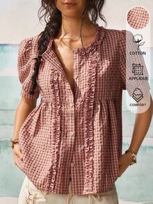 SoleilVie Camisa casual retro a cuadros para mujer con cuello redondo, mangas abullonadas y ribete de volantes fruncidos - Rosa - Ver 1