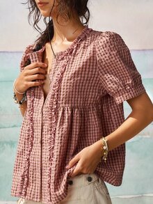 SoleilVie Camisa casual retro a cuadros para mujer con cuello redondo, mangas abullonadas y ribete de volantes fruncidos - Rosa - Ver 5